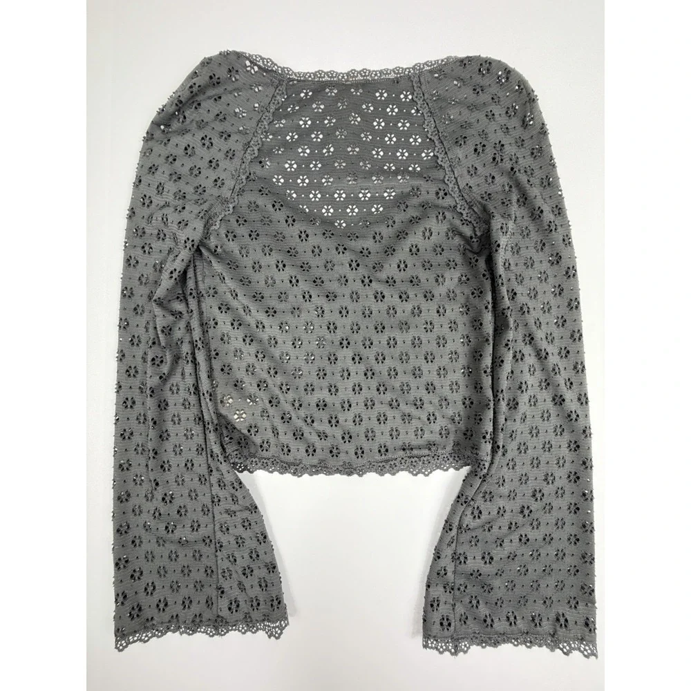 Free People Eyelet Lace Button Front Crop Top Gray Size XS Bell Sleeve Boho